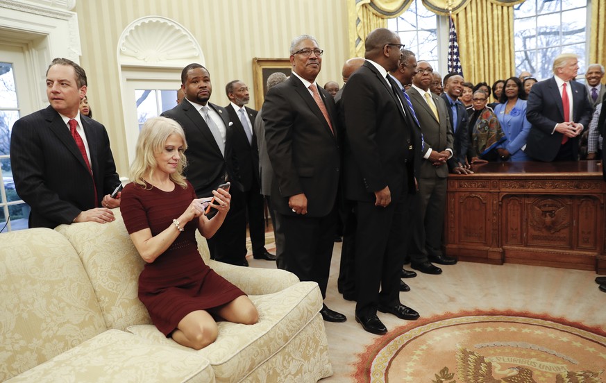 President Donald Trump, right, meets with leaders of Historically Black Colleges and Universities (HBCU) in the Oval Office of the White House in Washington, Monday, Feb. 27, 2017. Also at the meeting ...