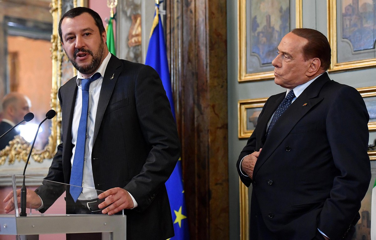Leader of The League party, Matteo Salvini, left, is flanked by Forza Italia party's leader Silvio Berlusconi as they address the media after meeting Senate president Maria Elisabetta Alberti Cas ...