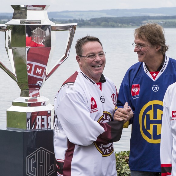 Chris McSorley, Geneve-Servette, Arno Del Curto, HC Davos, und Martin Baumann, CEO Champions Hockey League, von links nach rechts, waehrend der Pressekonferenz der Champions Hockey League am Montag, 1 ...