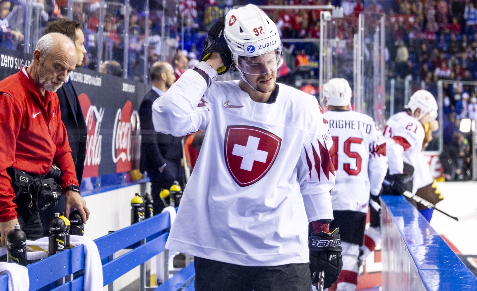 epa07595035 Switzerland&#039;s Gaetan Haas reacts after losing the IIHF World Championship quarter final ice hockey match between Canada and Switzerland at the Steel Arena in Kosice, Slovakia, 23 May  ...