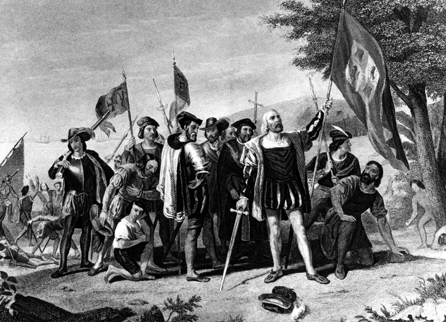 Ein undatiertes Gemaelde zeigt den Seefahrer Christoph Kolumbus und seine Schiffsbesatzung bei der Landung in San Salvador auf den Bahamas am 12. Okt. 1492. Vor 500 Jahren, am 20. Mai 1506, starb der  ...