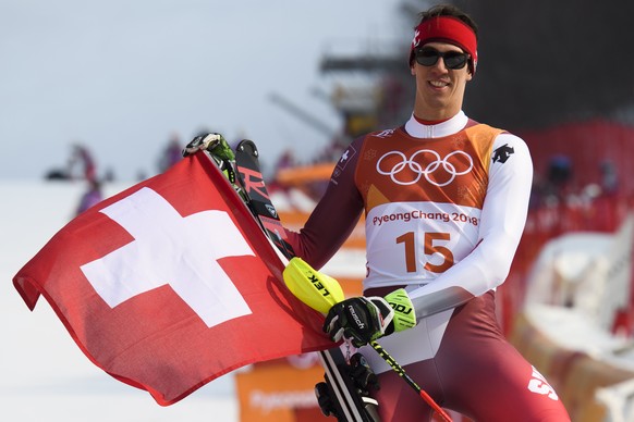 Silver medalist Ramon Zenhaeusern of Switzerland reacts on the podium after the second run of the men Alpine Skiing Slalom race in the Yongpyong Alpine Centre during the XXIII Winter Olympics 2018 in  ...