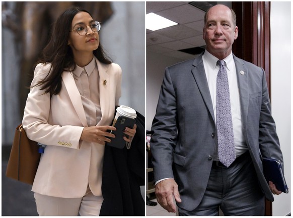 This combo shows Rep. Alexandria Ocasio-Cortez, D-N.Y., walks Capitol Hill in Washington, on March 27, 2020, left, and Rep. Ted Yoho, R-Fla., at the Capitol in Washington on March 28, 2017. A top Hous ...