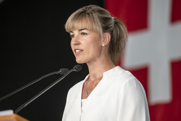 Diana Gutjahr, Nationalraetin SVP, (TG), an der Delegiertenversammlung der Schweizerischen Volkspartei (SVP), in Les Bugnenets, am Samstag, 23. Juni 2018. (KEYSTONE/Patrick Huerlimann)