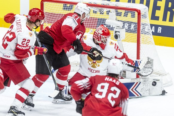 Switzerland&#039;s Kevin Fiala against Russia`s goalkeeper Alexander Georgievduring the game between Switzerland and Russia, at the IIHF 2019 World Ice Hockey Championships, at the Ondrej Nepela Arena ...