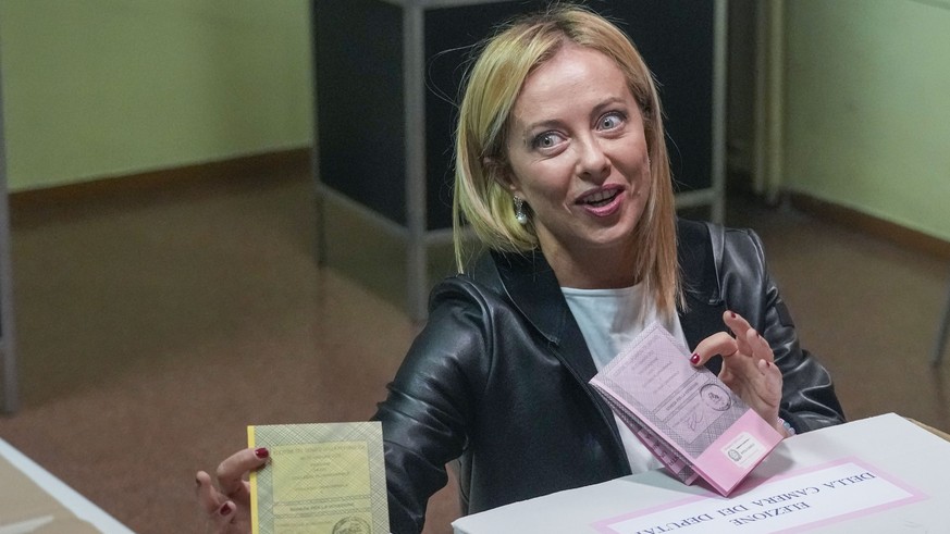 Far-right Brothers of Italy&#039;s leader Giorgia Meloni votes at a polling station in Rome, Sunday, Sept. 25, 2022. Italians are voting in a national election that might yield the nation&#039;s first ...