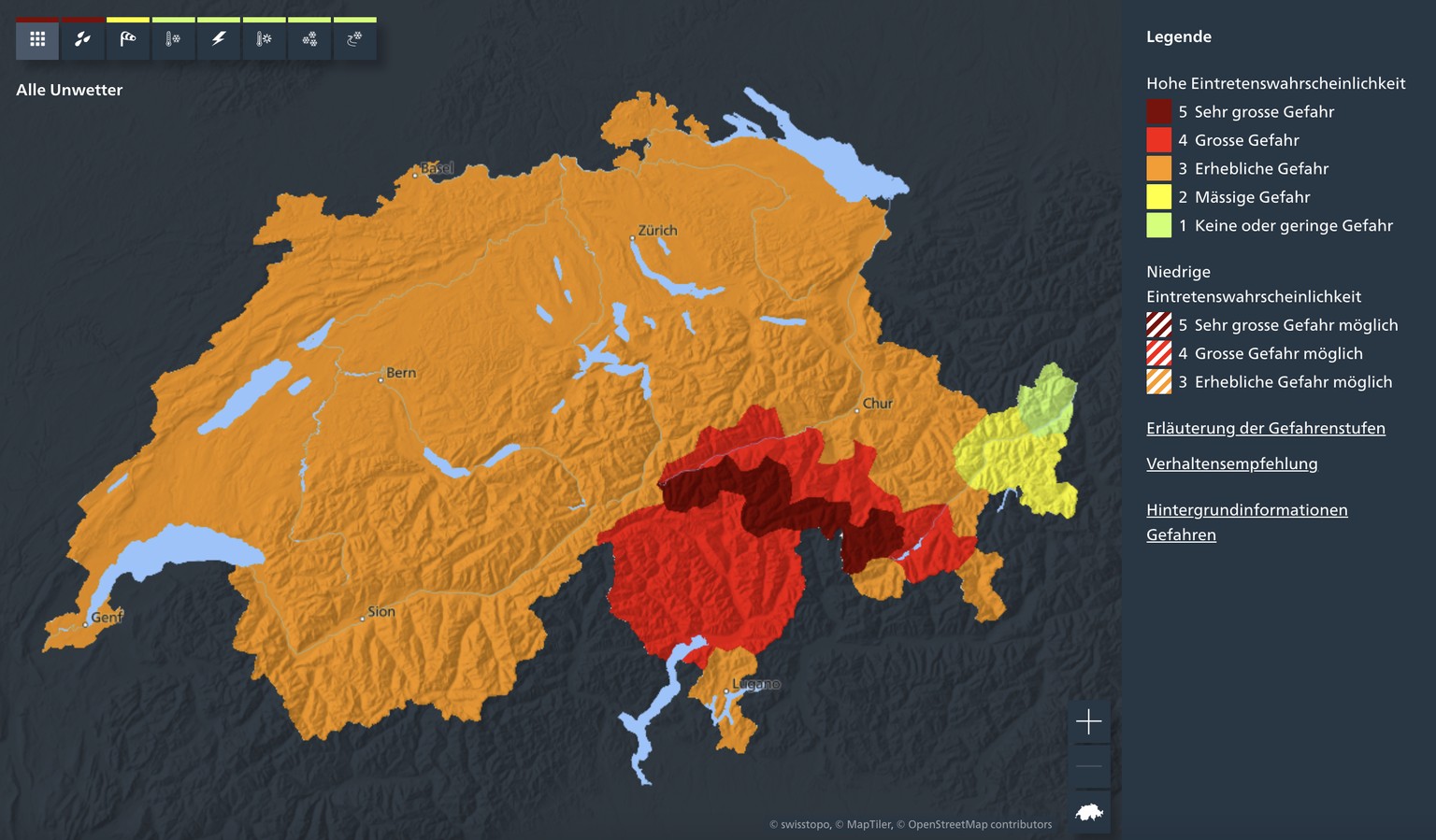 Unwetterwarnung über der Schweiz am 28. August 2025.