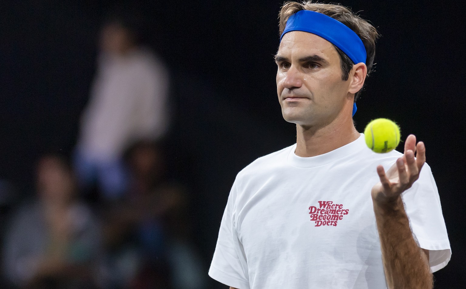 epa07853515 Team Europe, Roger Federer, reacts during training of the Laver Cup in Geneva, Switzerland, 19 September 2019. The competition will pit a team of the best six European players against the  ...