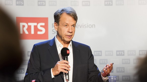 Gilles Marchand, directeur de la RTS, parle lors d&#039;une conference de presse de la Radio Television Suisse (RTS) sur le lancement de la nouvelle grille d&#039;Espace 2, ce jeudi 25 aout 2016, a La ...