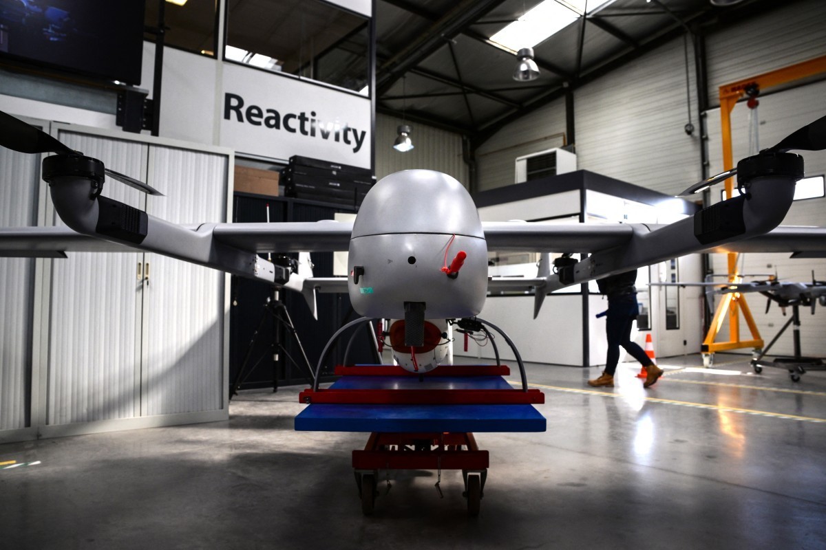 This photograph shows a drone at the Survey Copter factory, an Airbus subsidiary, in Pierrelatte, southern France on March 31, 2026. At Survey Copter, a French SME integrated into Airbus, the European ...