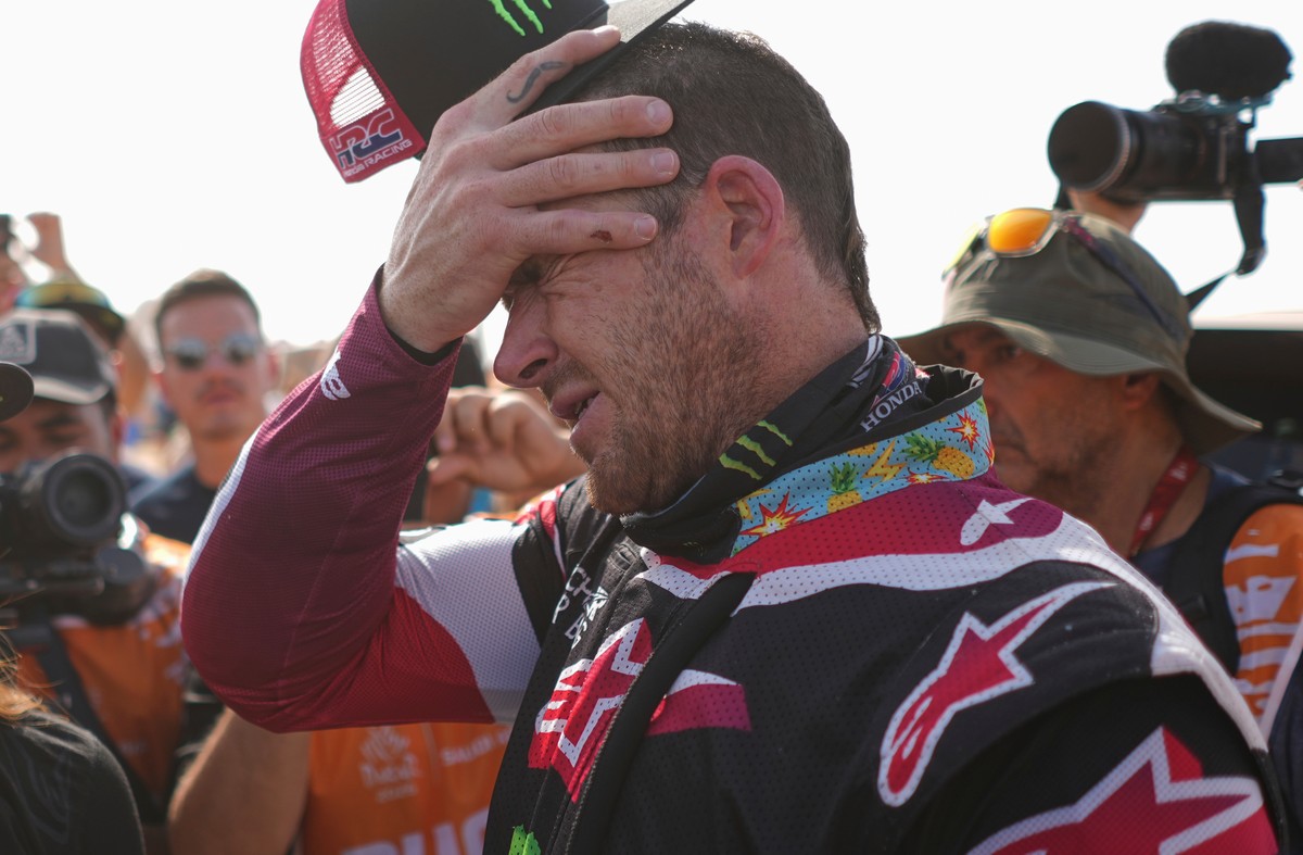 Rider Ricky Brabec of the U.S. reacts after the thirteenth stage with a start and finish in Yanbu, Saudi Arabia, Saturday, Jan.17, 2026. (AP Photo/Thibault Camus)
Ricky Brabec