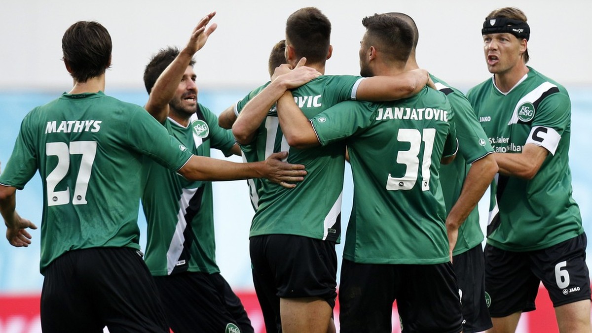 St. Gallen's team players celebrate their goal against Spartak Moscow's team during their Europa League play-offs second leg match between Russia's Spartak Moscow and FC St. Gallen in M ...