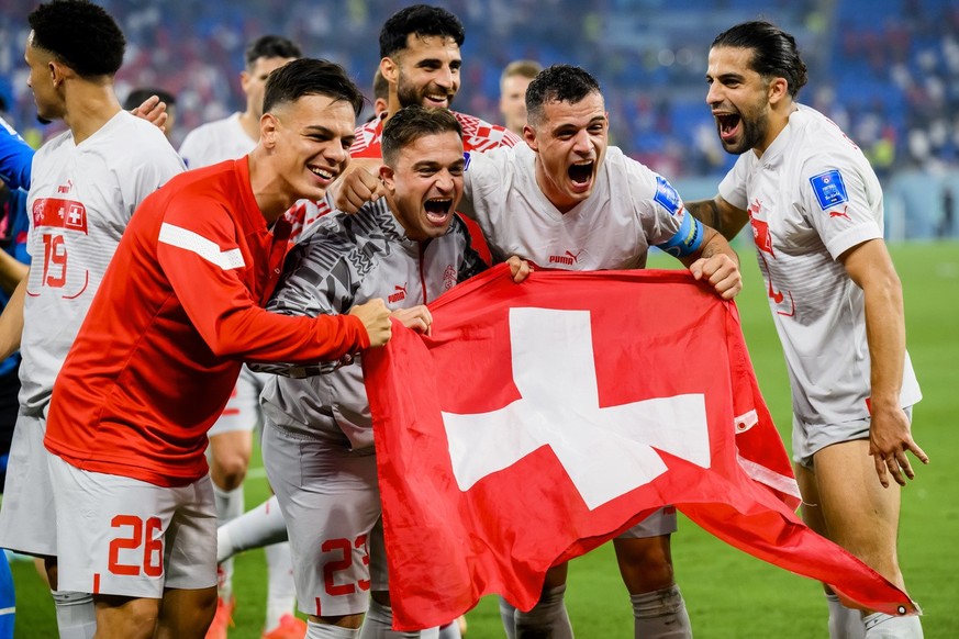 Switzerland&#039;s midfielder Ardon Jashari, Switzerland&#039;s midfielder Xherdan Shaqiri, Switzerland&#039;s midfielder Granit Xhaka and Switzerland&#039;s defender Ricardo Rodriguez, from left to r ...