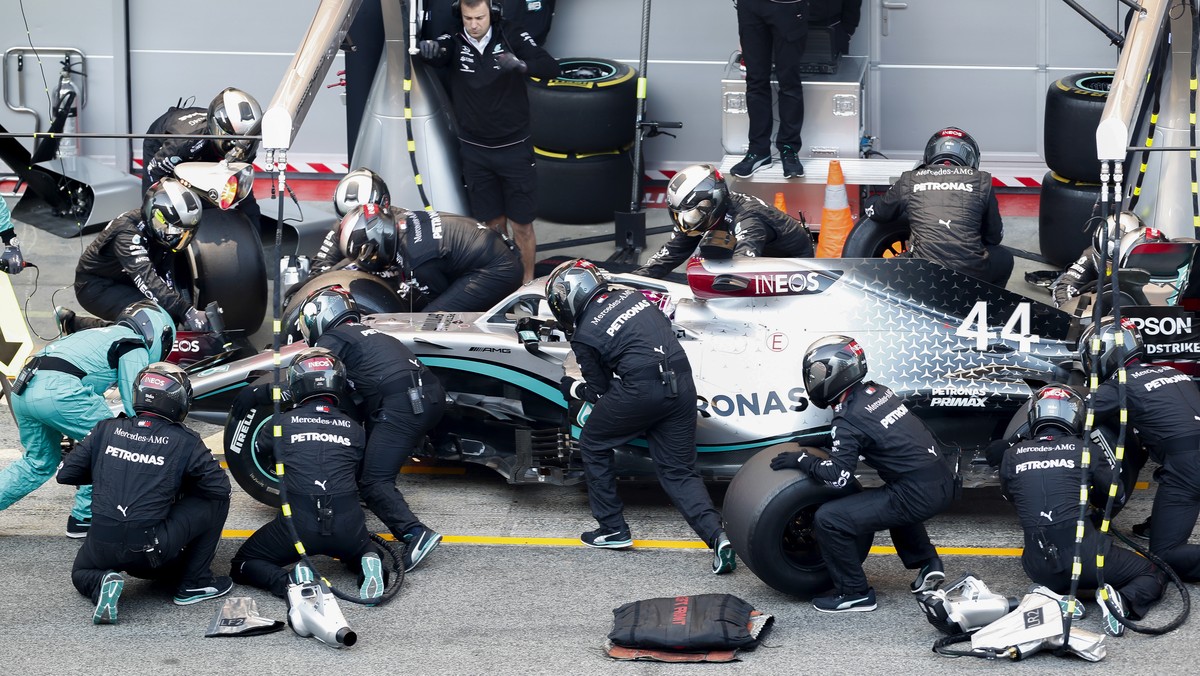 Mercedes-AMG Petronas' Lewis Hamilton makes a pit stop during a Formula One pre-season testing session at the Barcelona Catalunya racetrack in Montmelo, outside Barcelona, Spain, Wednesday, Feb.  ...