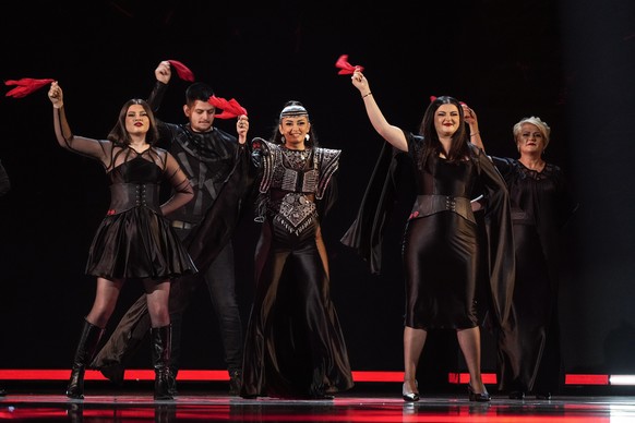 Albina and Familja Kelmendi of Albania perform during dress rehearsals for the second semi final at the Eurovision Song Contest in Liverpool, England, Wednesday, May 10, 2023. (AP Photo/Martin Meissne ...