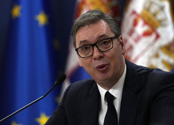 Serbian President Aleksandar Vucic speaks during an annual public address in Belgrade, Serbia, Wednesday, Jan. 4, 2023, amid recent tensions in Kosovo and a difficult economic situation. (AP Photo/Dar ...