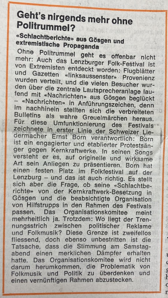 Gehts nirgends mehr ohne Politrummel? Artikel der AZ Aargauer Zeitung über das Folkfestival Lenzburg 1977