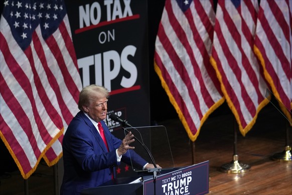 FILE - Republican presidential nominee former President Donald Trump speaks at a campaign rally in Asheville, N.C., Aug. 14, 2024. (AP Photo/Matt Rourke)