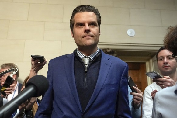 Rep. Matt Gaetz, R-Fla., speaks to reporters after Republicans met to try and decide who to nominate to be the new House speaker, on Capitol Hill in Washington, Monday, Oct. 23, 2023. (AP Photo/Alex B ...