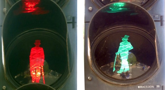 Hans Christian Andersen Traffic lights in Odense, Denmark 
https://www.reddit.com/r/europe/comments/aldm5o/traffic_lights_of_odense_feat_hans_christian/