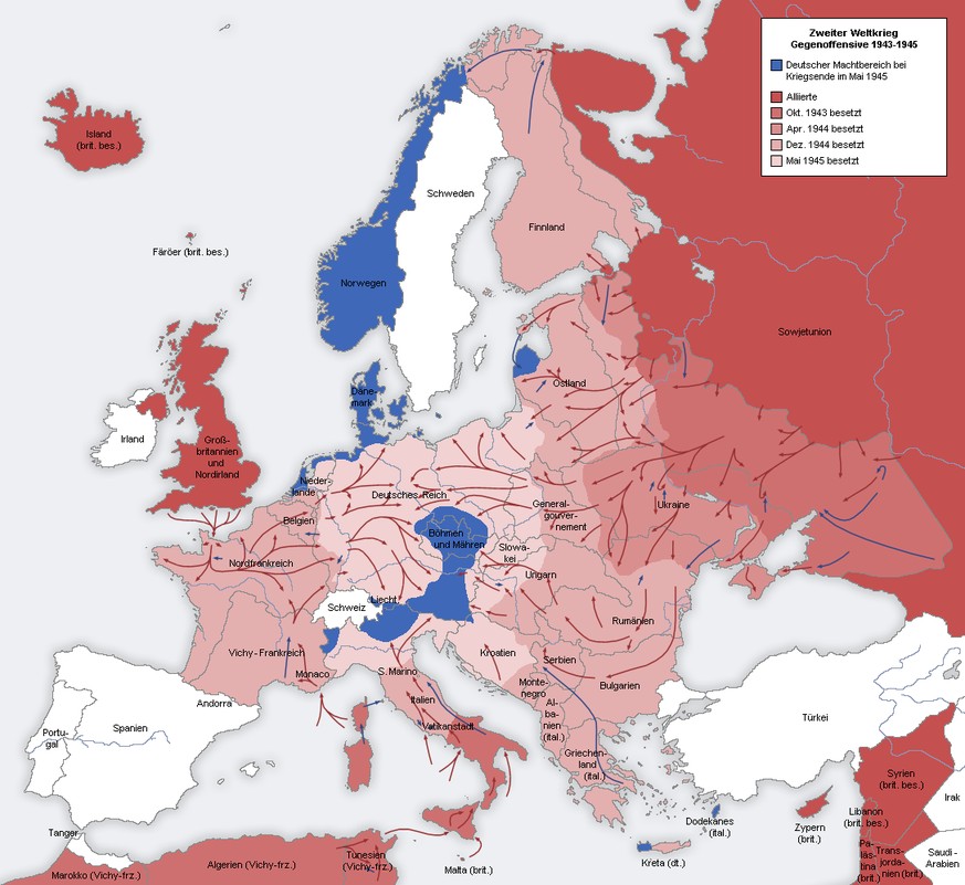 Frontverlauf 1943-1945. Die nördlichen und westlichen Niederlande blieben bis zur Kapitulation unter deutscher Kontrolle.