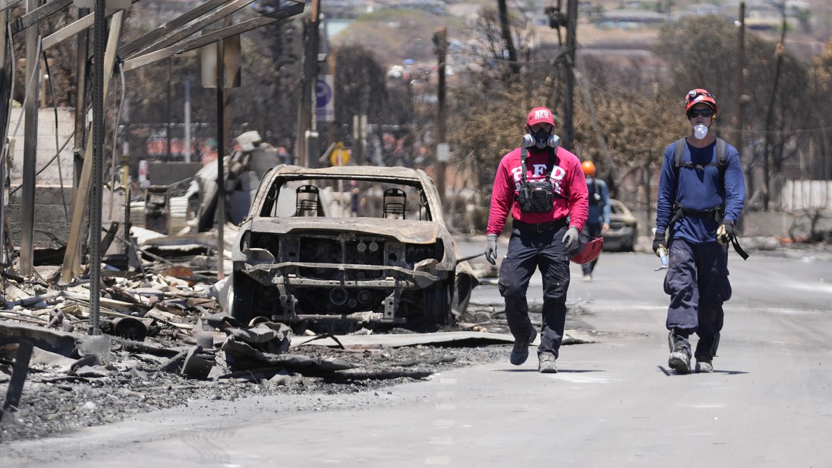 Members of a search and rescue team walk along a street on Saturday, Aug. 12, 2023, in Lahaina, Hawaii. (AP Photo/Rick Bowmer)