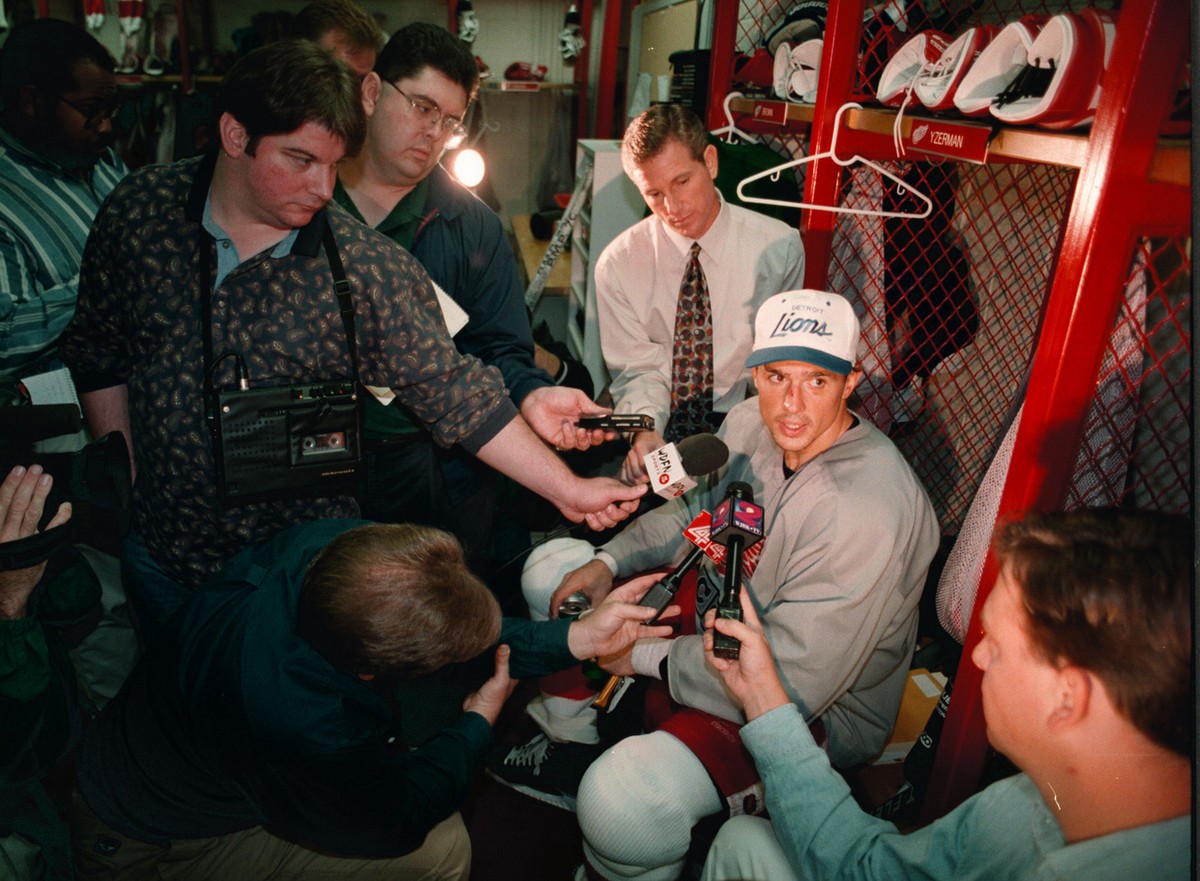 Detroit Red Wings captain Steve Yzerman sits at his locker after practice and responds to rumors that he will soon be traded from the Red Wings in this Oct. 11, 1995, photo. Yzerman, the Red Wings ...