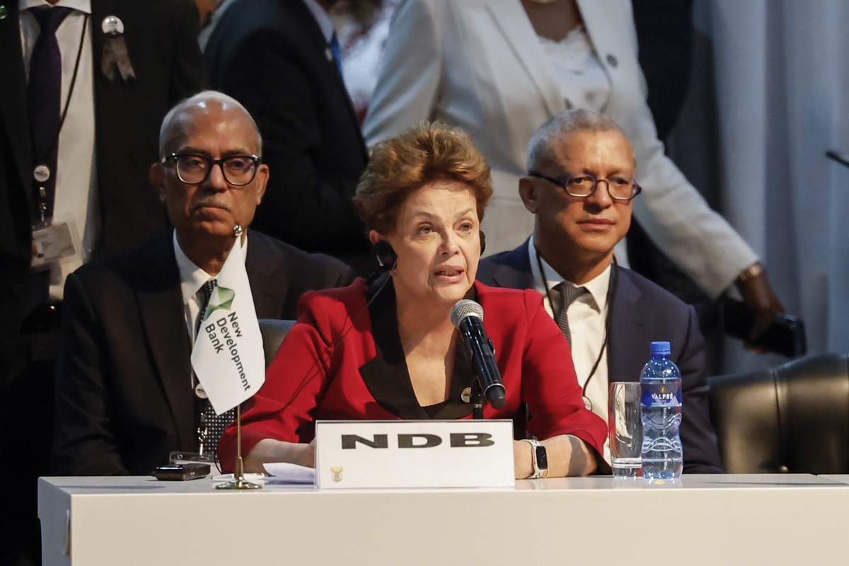 epa10817332 Chair of the New Development Bank Dilma Rousseff attends a meeting during the 15th BRICS Summit, in Johannesburg, South Africa, 24 August 2023. South Africa is hosting the 15th BRICS Summi ...