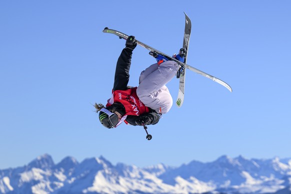 Sarah Hoefflin of Switzerland in action during the final run of the Freeski Slopestyle World Cup at the Laax Open, on Friday, January 17, 2025, in Laax, Switzerland. (KEYSTONE/Gian Ehrenzeller)