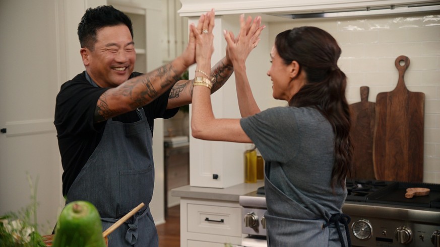With Love, Meghan. (L to R) Roy Choi, Meghan, Duchess of Sussex in episode 103 of With Love, Meghan. Cr. Courtesy of Netflix © 2024