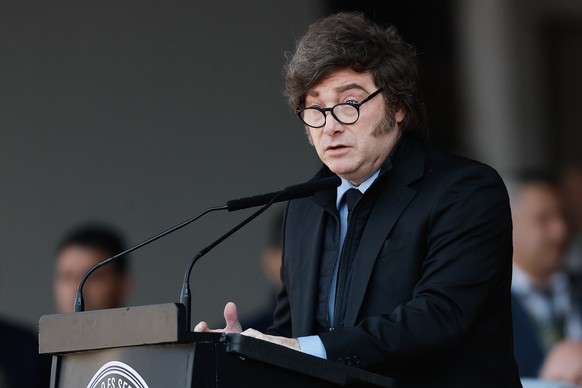 epa13134305 Argentine President Javier Milei speaks during the opening ceremony of the Palermo Rural Exhibition, the country's leading livestock and agricultural fair, at the Palermo fairgrounds  ...