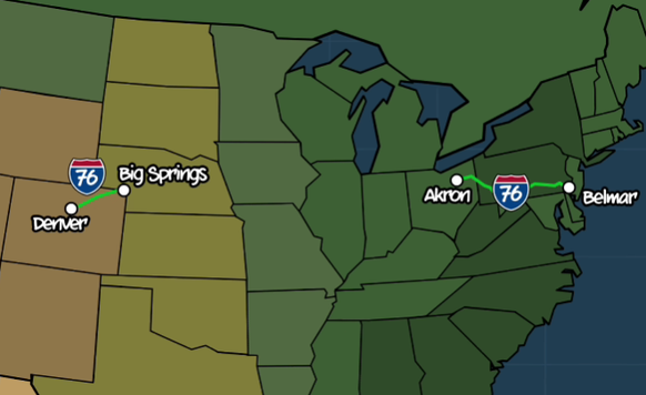 Die Interstate 76 existiert zweimal, einmal in Colorado und einmal in New Jersey/Ohio.