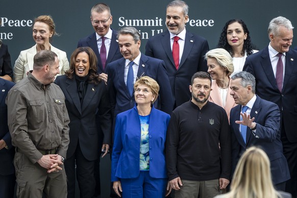 epa11413492 (L-R) Ukraine's Head of the presidential Office Andriy Yermak, US Vice President Kamala Harris, Swiss Federal President Viola Amherd, Ukrainian President Volodymyr Zelensky, President ...