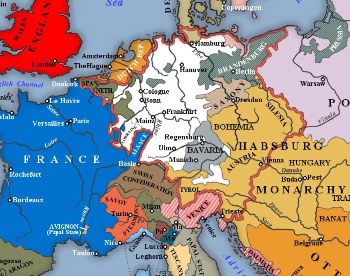 Europa um 1700. Auf der Karte ist mit einer roten Linie umrundet das Heilige Römische Reich dargestellt. Es umfasst zahlreiche kleinere und mittlere, vor allem deutsche Herrschaften. An seiner Spitze  ...