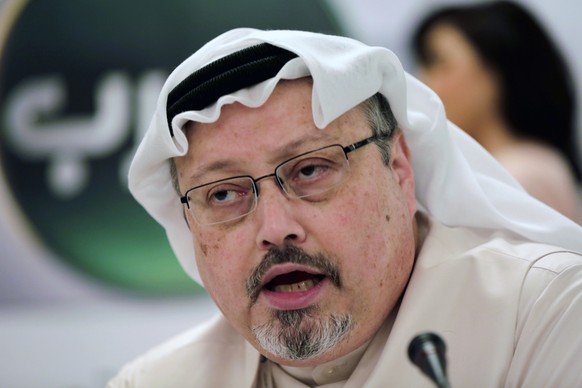 FILE - In this Dec. 15, 2014, file photo, Saudi journalist Jamal Khashoggi speaks during a press conference in Manama, Bahrain. The Washington Post columnist, who wrote critically about the Saudi crow ...