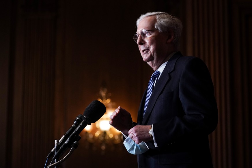 epa08871425 Senate Majority Leader Mitch McConnell speaks during a news conference with other Republican leaders at the U.S. Capitol Building in Washington, DC, USA, 08 December 2020. McConnell spoke  ...