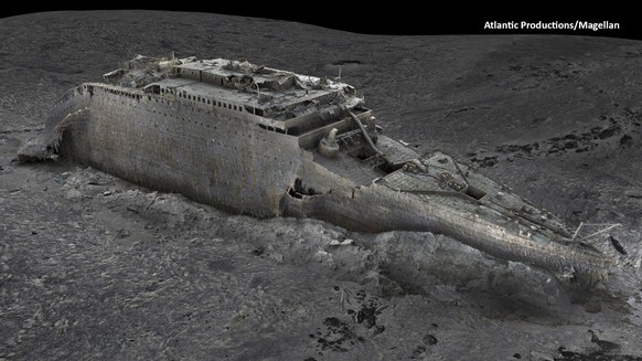 In this grab taken from a digital scan released by Atlantic/Magellan on Thursday, May 18, 2023, a view of the bow of the Titanic, in the Atlantic Ocean created using deep-sea mapping. Deep-sea researc ...