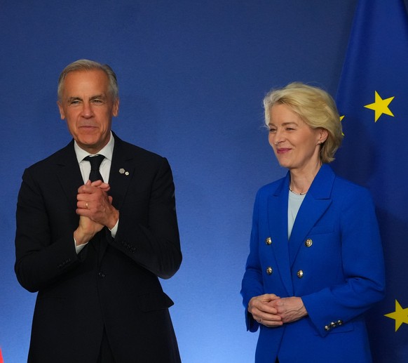 Canadian Prime Minister Mark Carney meets with European Commission President Ursula von der Leyen and European Council President Antonio Costa at the G7 summit in Evian-les-Bains, France, Monday, June ...
