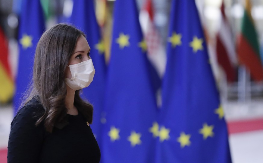 epa08714484 Finland's Prime Minister Sanna Marin arrives for the second day of a face-to-face EU summit since the COVID-19 outbreak, in Brussels, Belgium, 02 October 2020. During this Special European ...