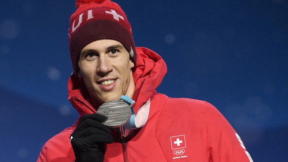 Silver medalist Ramon Zenhaeusern of Switzerland celebrates during the victory ceremony on the Medal Plaza for the men alpine skiing slalom event at the XXIII Winter Olympics 2018 in Pyeongchang, Sout ...