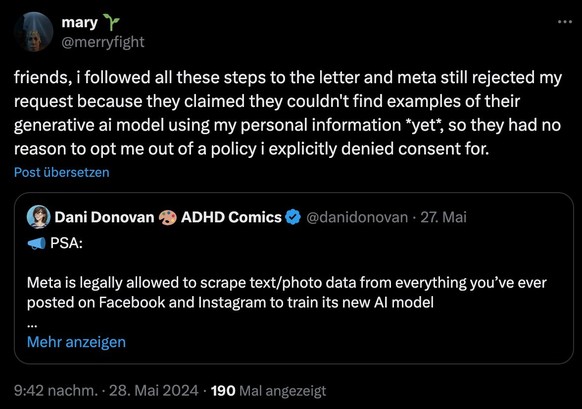 Screenshot: x.com Tweet zum KI-Widerspruchsrecht bei Meta.
