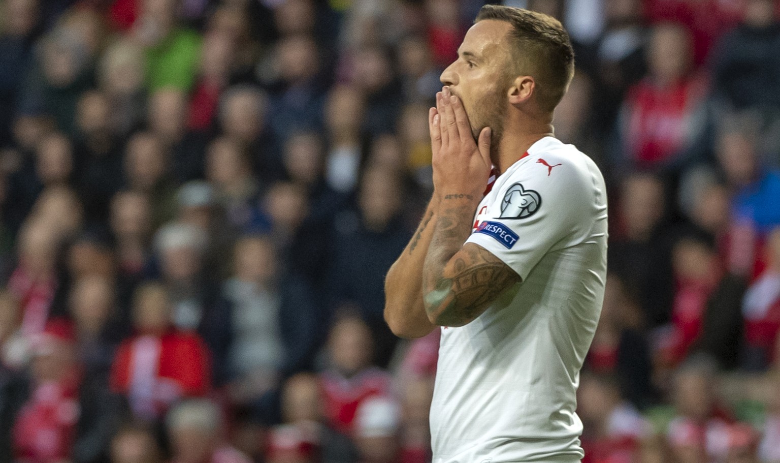 epa07915572 Switzerland&#039;s Haris Seferovic reacts during the UEFA EURO 2020 qualifiers match between Denmark and Switzerland at the Telia Parken stadium in Copenhagen, Denmark, 12 October 2019. EP ...