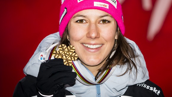 Wendy Holdener of Switzerland, gold medal, celebrates during the medals ceremony after the Alpine Combined at the 2019 FIS Alpine Skiing World Championships in Are, Sweden Friday, February 8, 2019. (K ...