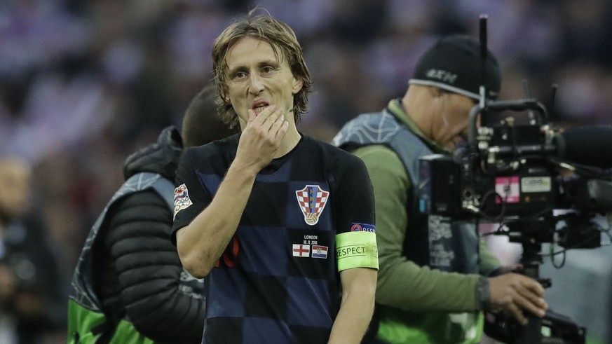 Croatia&#039;s Luka Modric is dejected after the UEFA Nations League soccer match between England and Croatia at Wembley stadium in London, Sunday, Nov. 18, 2018. (AP Photo/Matt Dunham)