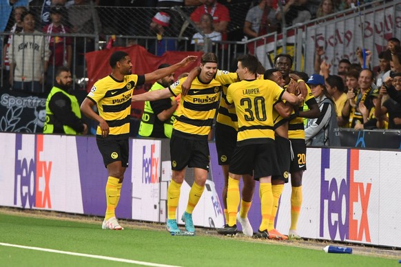 September 19, 2023, Bern, Wankdorf, Champions League: Young Boys - Leipzig, BSC Young Boys players are happy with the goal scored by Meshack Ilya Young Boys 15 to make it 1-1.  Bern Wankdorf Bern Switzer...