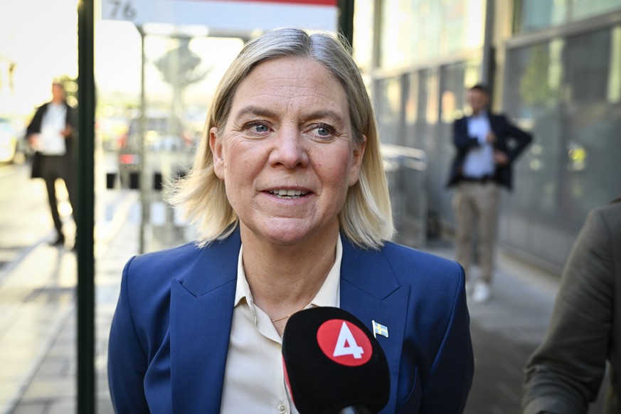 epa13229454 Social Democrats party leader Magdalena Andersson arrives for TV4's election debate in Stockholm, Sweden, 10 September 2026. General elections will be held in Sweden on 13 September 2 ...