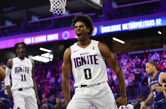 NBA, Basketball Herren, USA G League-Boulogne-Levallois Metropolitans at Ignite Oct 4, 2022 Henderson, NV, USA NBA G League Ignite guard Scoot Henderson 0 reacts after scoring a layup during the secon ...