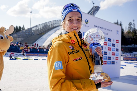 German Franziska Preuss won the overall World Cup after the women's mass start 12.5 km biathlon at the World Cup in Holmenkollen, Norway, Sunday, March 23, 2025. (Thomas Andersen/NTB Scanpix via ...