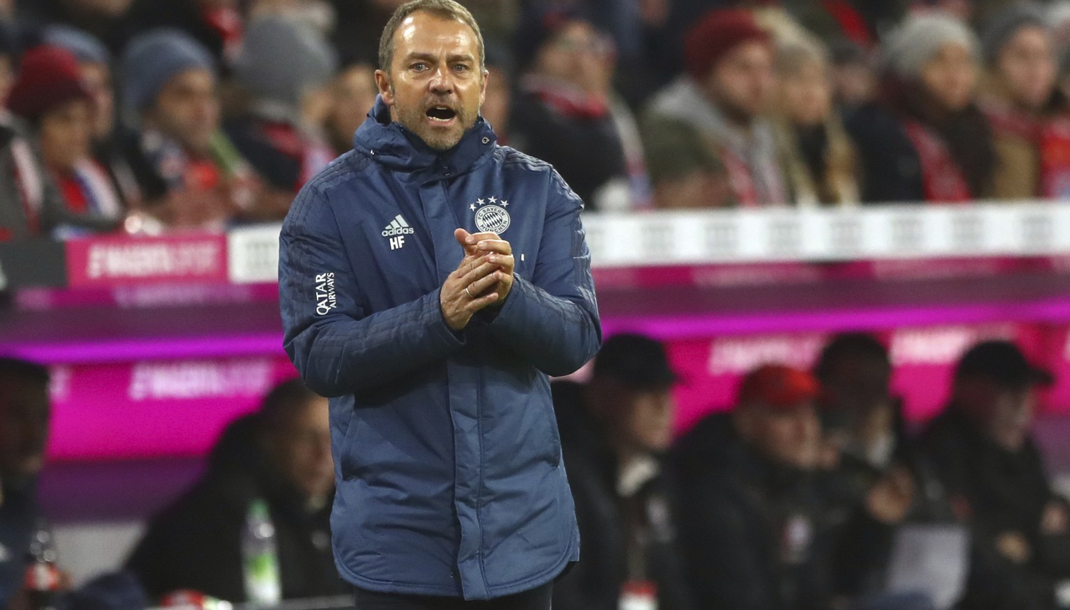 Bayern&#039;s interim coach Hansi Flick reacts during the German Bundesliga soccer match between FC Bayern Munich and Borussia Dortmund, in Munich, Germany, Saturday, Nov. 9, 2019. (AP Photo/Matthias  ...