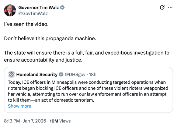 Minnesotas Gouverneur Tim Walz bezieht Stellung zur Erschiessung einer Frau in Minneapolis am 7. Januar 2026.